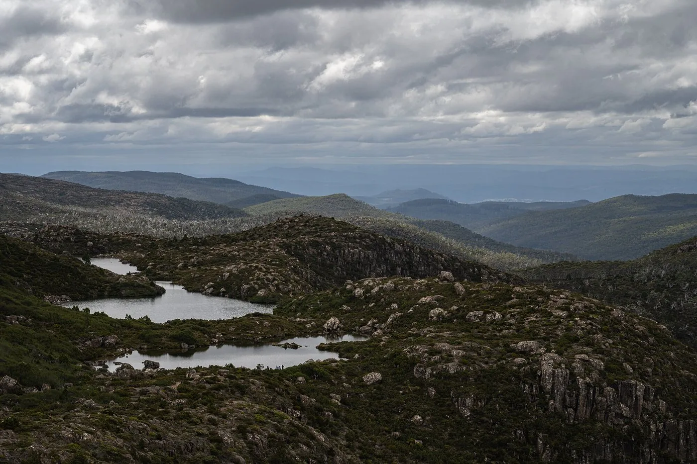 Alpine tarns and dolerite ridgelines on the Tasmanian highland plateau